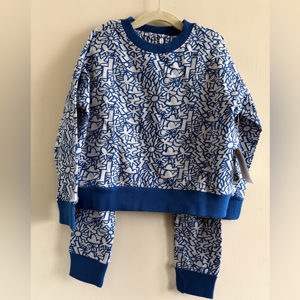 New! Open Edit Blue & White Patterned Sweatshirt Set